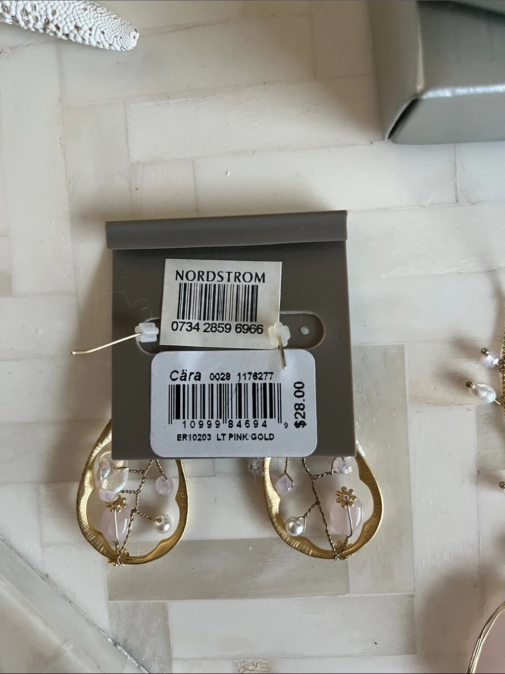 NWT Cara NY Gold-Tone Necklace and Drop Earring Set with Pale Pink &Pearl Stones